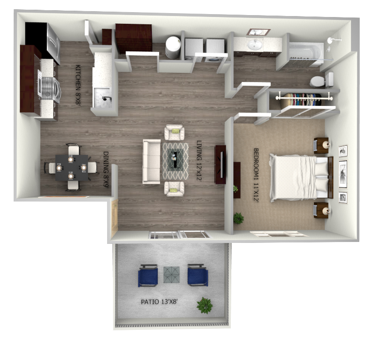Floor plan for 1 bed, 1 bath, 700 sqft